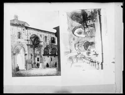 Disegno e schizzo ad acquarello di architetture di G. Migliara