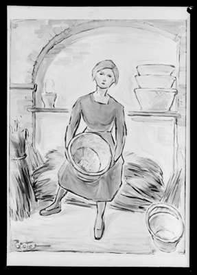 Disegno di donna con catino tra le mani