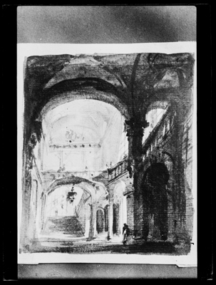 Bozzetto a matita di atrio palazzo di G. Migliara