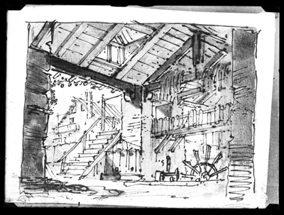Scenografia d'interno rustico, bozzetto ad acquarello di G. Migliara