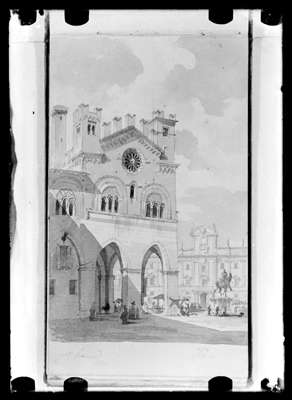 Scorcio sulla piazza dei Cavalli a Piacenza, acquarello di G. Migliara