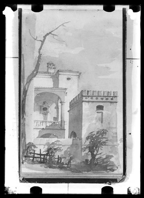 Scorcio architettonico di castello acquarello di G. Migliara