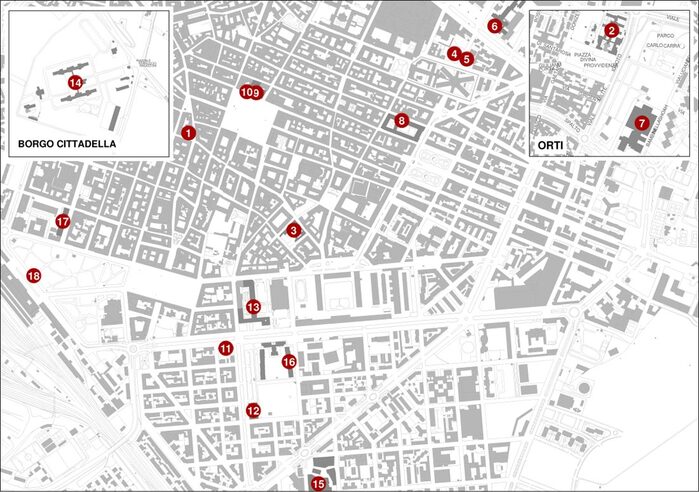 Piantina della città con ubicazione dei punti storici del Novecento